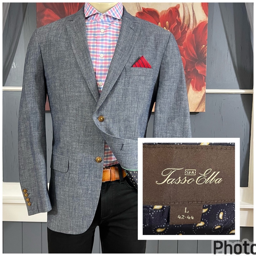 Tasso Elba Blazer Mens sz Large (42R-44R) Chambray Cotton Sport‎ Coat Jacket